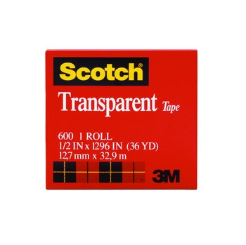 3M Scotch 600 Clear Box Sealing Tape - 1/2 in Width x 1296 in Length - 2.3 mil Thick - 07456