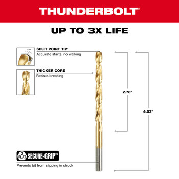 Milwaukee Thunderbolt 1/4 in Drill Bit 48-89-2213 - Right Hand Cut - Split 135° Point - Titanium Nitride Finish - 6.8 in Overall Length - Titanium Coated