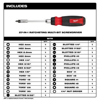 Milwaukee Hex 48-22-2904 27-in-1 Ratcheting Multi-Bit Screwdriver - 10 in - 63049