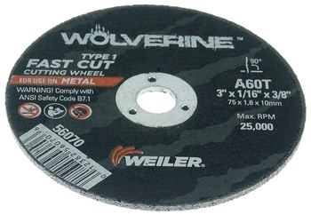Weiler Wolverine Cutoff Wheel 56070 - Type 1 - Straight Wheel - 3 in - Aluminum Oxide - 60 - T