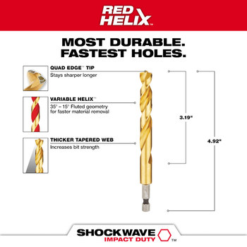 Milwaukee SHOCKWAVE 29/64 in Drill Bit 48-89-4626 - 3.5 in Overall Length - 1.79 in Flute - Titanium Coated - Hex Shank