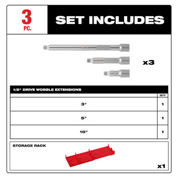 Milwaukee Wobble Extension Set 48-22-9352 - 1/2 in Male Square - 3 in, 5 in, 10 in Length - Chrome Vanadium Steel - Chrome Finish - 61474