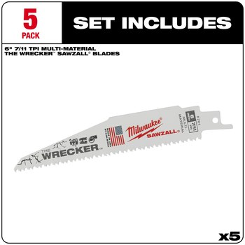 Milwaukee SAWZALL WRECKER Reciprocating Saw Blade 48-00-5701 - 8 TPI - 1 in Width x 0.062 in Thick - High Speed Steel