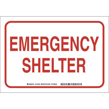 Picture of Brady B-555 Aluminum Rectangle White English Emergency Shelter Sign part number 132178 (Main product image)