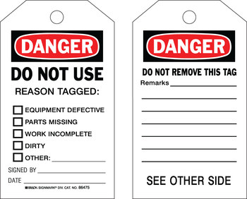 Picture of Brady Black / Red on White Laminated, Metal Grommet, Write-On Polyester / Paper 86475 Equipment Safety Tag (Main product image)