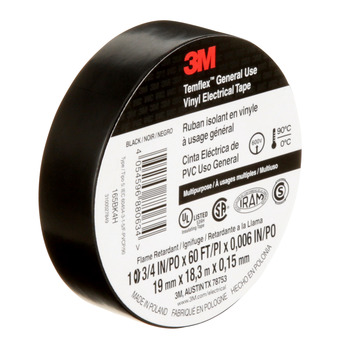 3M Temflex 165BK4A Black Electrical Tape - 0.75 in x 60 ft - 6 mil Thick - 92568