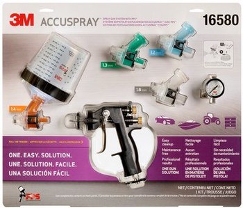 3M Accuspray PPS 16580 Spray Gun Kit Includes 1 - Accuspray Spray Gun, 1 - Air Control Valve, 1 - 1.4 mm Orange Atomizing Heads, 1 - 1.8 mm Clear Atomizing Heads, 1 - 1.2 mm Green Atomizing Head, 1 - 1.3 mm Blue Atomizing Head, 1 - Standard 22 oz Mixing Cup & Collar, 4 - 22 oz Lids & Liners with 200 Micron Strainer, 1 - 22 oz Lid & Liner with 125 Micron Strainer, 1 - PPS Generic Mix Ratio Insert Film, 1 - Easy to Use Instruction Manual 24 psi operating pressure
