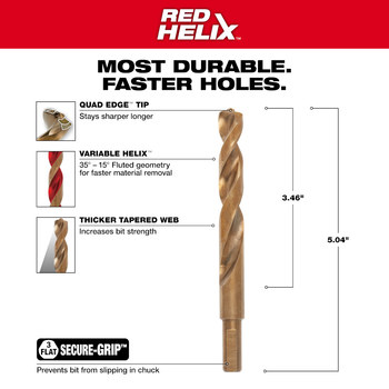 Milwaukee RED HELIX 31/64 in Drill Bit 48-89-2328 - Right Hand Cut - Split 135° Point - Uncoated (Bright Finish) Finish - 5.12 in Overall Length - 3.74 in Flute - Cobalt