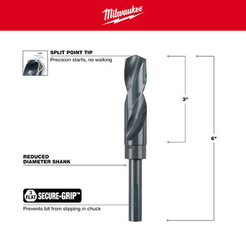 Milwaukee 27/32 in S&D Drill Bit 48-89-2749 - Right Hand Cut - Split 135° Point - 6 in Overall Length - 4 in Twist Flute - Black Oxide