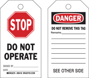 Picture of Brady Black / Red on White Laminated, Metal Grommet, Write-On Polyester / Paper 86418 Equipment Safety Tag (Main product image)