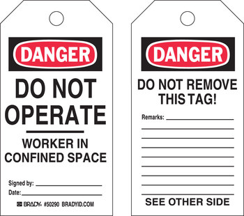 Picture of Brady Black / Red on White Self-Laminating Polyester Worker in Confined Space 50290 Confined Space Tag (Main product image)