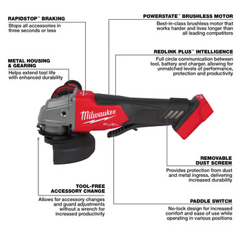 Milwaukee M18 FUEL M18 REDLITHIUM Battery Braking Grinder - 5 in Diameter - 2880-20