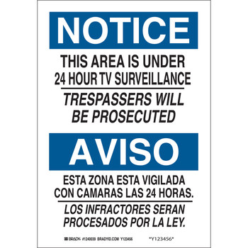 Picture of Brady B-555 Aluminum Rectangle White English / Spanish Surveillance Sign part number 124037 (Main product image)