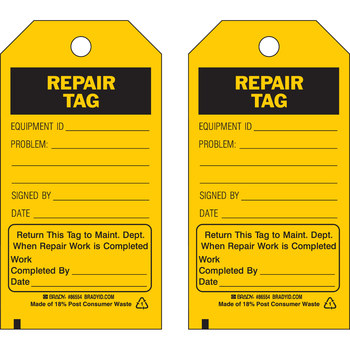 Brady 86718 Maintenance Tag, 4 in x 7 in, Cardstock, Black on Yellow, B-853