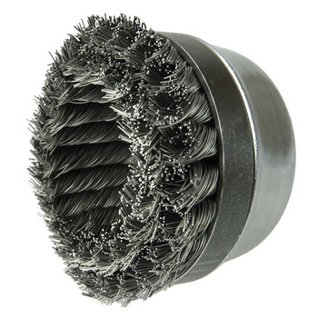 Weiler Steel Cup Brush - Threaded Arbor Attachment - 4 in Diameter - 5/8 in-11 UNC Center Hole - 0.020 in Bristle Diameter - Brush Type: Double Row, Banded - 12796