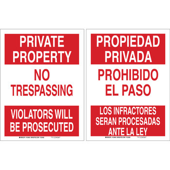 Picture of Brady B-555 Aluminum Rectangle Red English / Spanish No Trespassing Sign part number 124645 (Main product image)