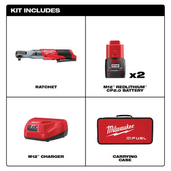 Milwaukee M12 FUEL Ratchet Kit 2558-22 - M12 REDLITHIUM Battery - 60 in/lb Max