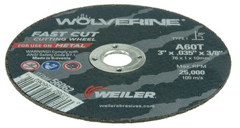 Weiler Wolverine Cutoff Wheel 56062 - Type 1 - Straight Wheel - 3 in - Aluminum Oxide - 60 - T