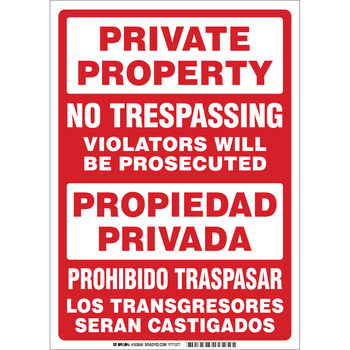 Picture of Brady B-401 High Impact Polystyrene Rectangle White English / Spanish No Trespassing Sign part number 103849 (Main product image)