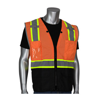 ANSI Type R Class 2 Two-Tone Eleven Pocket Tech-Ready Mesh Surveyors Vest with Ripstop Black Bottom Front and "D" Ring Access 302-0650D-OR/4X, (30)