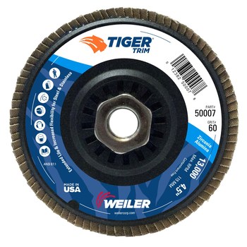 Weiler Corporation 50007 4-1/2 Dia. 4-1/2 Dia Composite Backing Pack of 1 Threaded Hole 60 Grit Type 29 Weiler Trimmable Tiger Abrasive Flap Disc Zirconia Alumina 