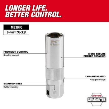 Milwaukee 48-22-9556 Spark Plug Socket - Chrome Vanadium Steel - 3/8 in Drive - Deep Length - 2.68 in Length - 61120
