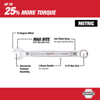 Milwaukee 48-22-9511 Combination Wrench Set - Chrome Vanadium Steel - 8 mm, 10 mm, 11 mm, 12 mm, 13 mm, 14 mm, 15 mm, 16 mm, 17 mm, 18 mm, 19 mm Drive - 74410