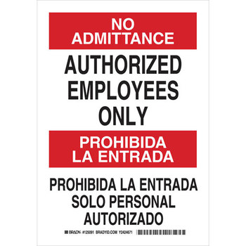 Picture of Brady B-555 Aluminum Rectangle White English / Spanish Restricted Area Sign part number 125094 (Main product image)