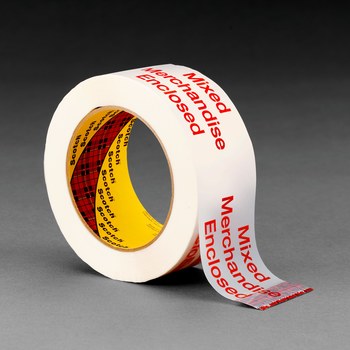 3M Scotch 3775 White Printed Box Sealing Tape - Pattern/Text = MIXED MERCHANDISE ENCLOSED - 48 mm Width x 100 m Length - 1.9 mil Thick - 72458