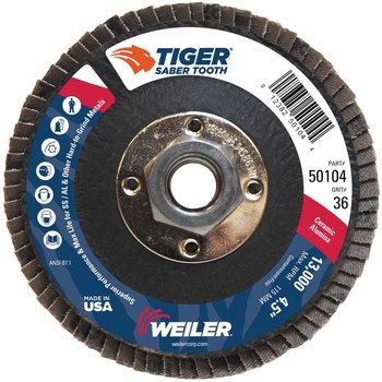Weiler Tiger Ceramic Type 29 Flap Disc 50104 - Ceramic - 4-1/2 in - 36 - Very Coarse