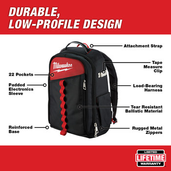 Milwaukee Red/Black Ballistic Material Backpack - 7.87 in Length - 11.8 in Wide - 48-22-8202