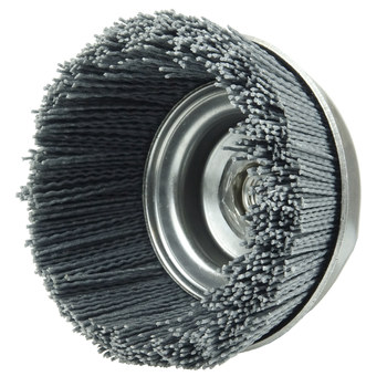 Weiler Nylox Nylon Cup Brush - Threaded Arbor Attachment - 5 in Diameter -  5/8 in-11 UNC Center Hole - 0.040 in Bristle Diameter - 14576
