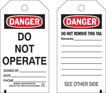 Picture of Brady Black / Red on White Metal Grommet, Self-Laminating, Write-On Polyester 86458 Equipment Safety Tag (Main product image)