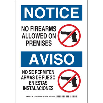 Picture of Brady B-555 Aluminum Rectangle White English / Spanish Weapon Control Sign part number 124971 (Main product image)