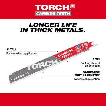 Milwaukee SAWZALL TORCH Reciprocating Saw Blade 48-00-5502 - 8 TPI - 1 in Width x 0.05 in Thick - Carbide