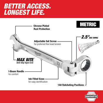 Milwaukee 45-96-9608 Flex Head Combination Wrench - Chrome Vanadium Steel - 146.05 mm