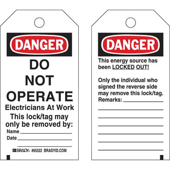 Picture of Brady Black / Red on White Laminated, Metal Grommet Polyester / Paper 65522 Lockout / Tagout Tag (Main product image)