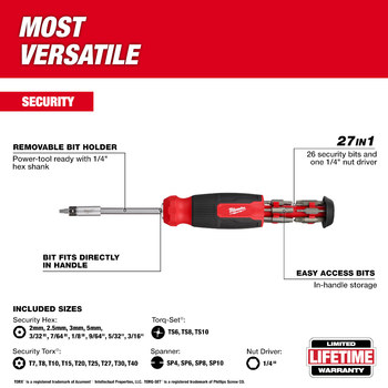 Milwaukee 48-22-2911 27-in-1 Security Multi-Bit Screwdriver - Chrome Molybdenum Steel - 9.11 in - 84638