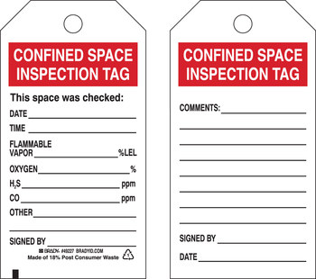 Picture of Brady Black / Red on White Self-Laminating Polyester Inspection / Checklist 49227 Confined Space Tag (Main product image)