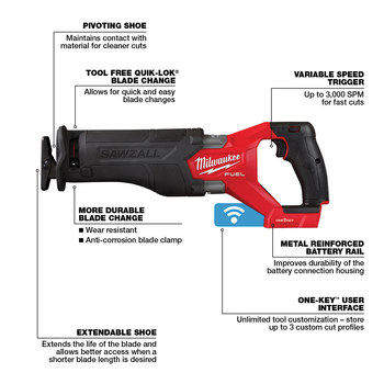 Milwaukee M18 FUEL SAWZALL Reciprocal Saw 2822-20 - 1.25 in Stroke Length - 3000 SPM
