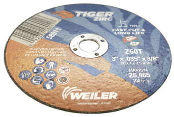 Weiler Tiger Cut-Off Wheel 58011 - Type 1 (Straight) - 3 in - Alumina Zirconia - 60 - T