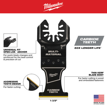Milwaukee OPEN-LOK End Cut Oscillating Multi-Tool Blade 49-25-1529 - 1.375 in Width x 0.042 in Thick - Carbide