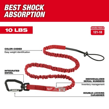 Milwaukee Locking Tool Lanyard 48-22-8811, 0.7 in x 54.4 in, Nylon/Rubber, Red - 50564