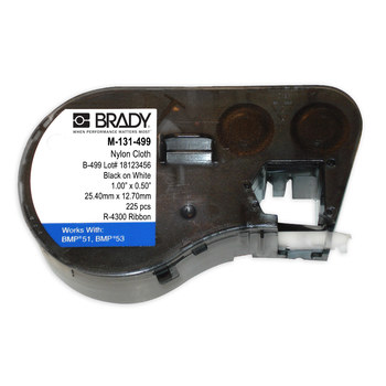 1/2 Width x 1 Height Brady M-131-499 Nylon Cloth B-499 Black on White Label Maker Cartridge For BMP51/BMP53 Printers