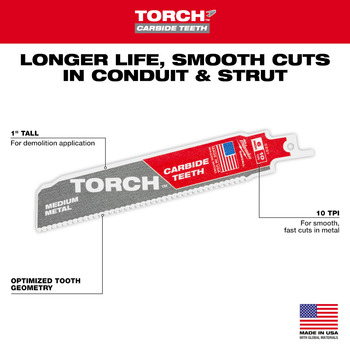 Milwaukee TORCH Reciprocating Saw Blades 48-00-5251 - 10 TPI - 1 in Width x 0.05 in Thick - Carbide