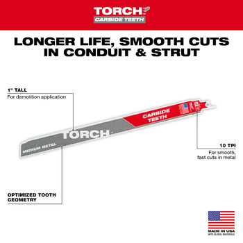 Milwaukee TORCH Reciprocating Saw Blades 48-00-5553 - 10 TPI - 1 in Width x 0.05 in Thick - Carbide