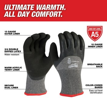Milwaukee Gray/Black 3XL Latex Insulated Cut-Resistant Glove - ANSI Cut Level 5 Cut Resistance - Acrylic Terry Insulation - 48-73-7954