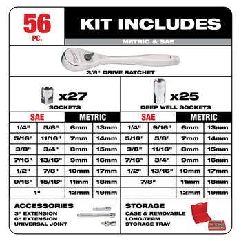 Milwaukee 48-22-9008 6 Point Ratchet & Socket Set - Alloy Steel - 3/8 in Drive - 50878