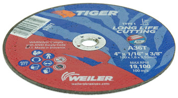 Weiler Tiger Cut-Off Wheel 57071 - Type 1 (Straight) - 4 in - Aluminum Oxide - 36 - T
