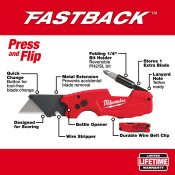 Milwaukee FASTBACK 48-22-1505 Folding Utility Knife - Glass Filled Nylon - 8.75 in - 57391